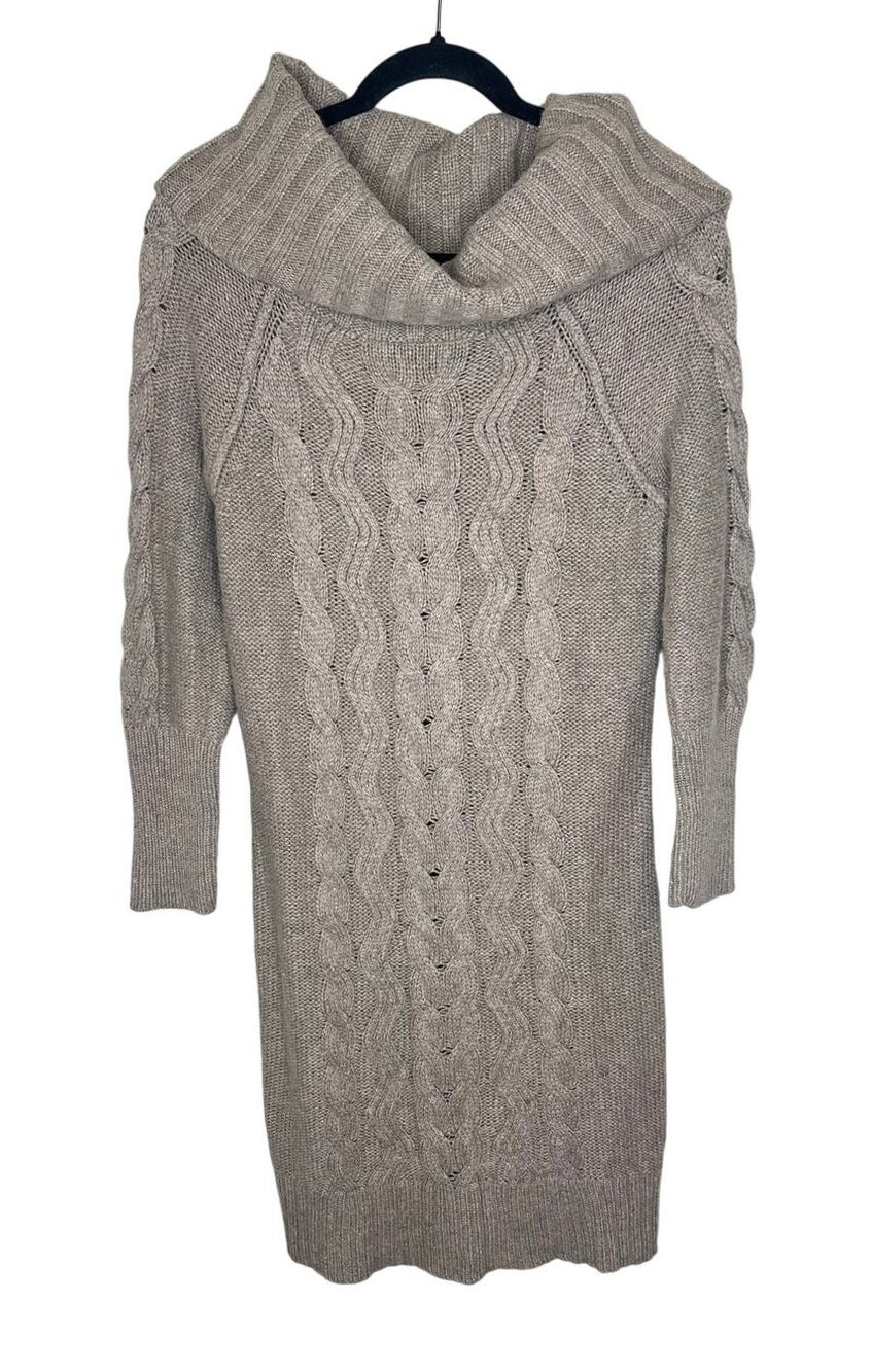 LOFT Sweater Dress Women L Cream Cable Knit Cowl Neck Long Sleeve Wool Blend EUC